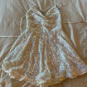 Glittering Charm White Iridescent Sequin Knot-Front Romper